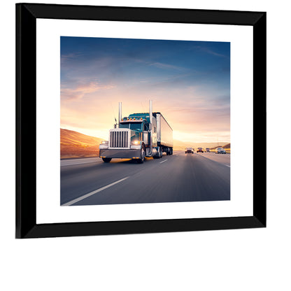 Semi Truck Highway Sunset Wall Art