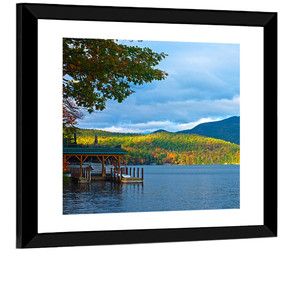 Lake George Boathouse in Autumn Wall Art