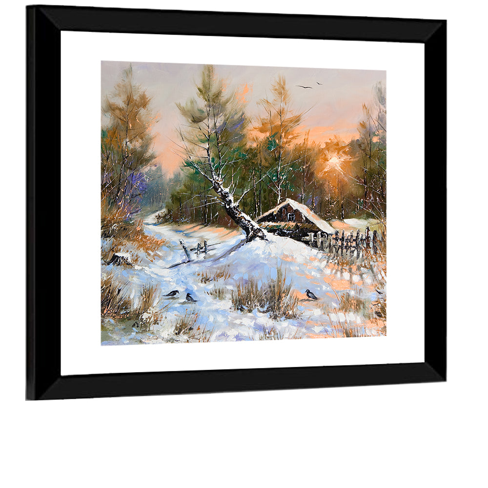 Winter Forest Path with Cabin Wall Art