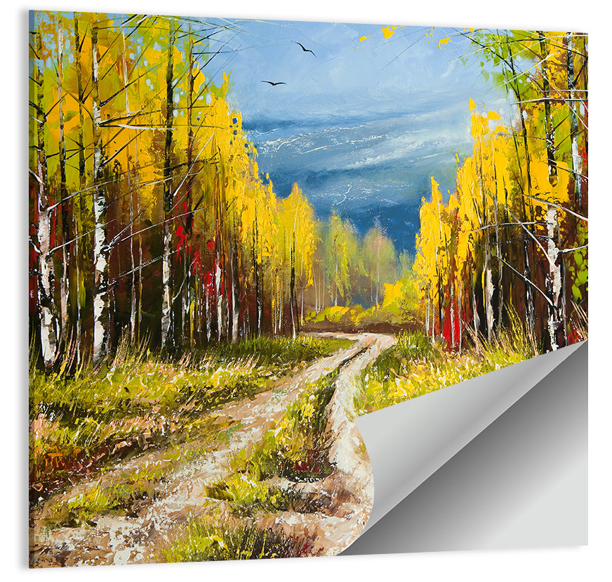 Autumn Birch Path with Two Birds Wall Art