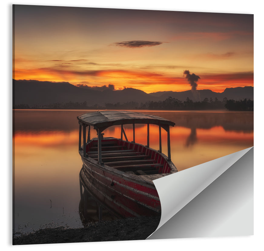 Sunset Fishing Boat on Calm Lake Wall Art