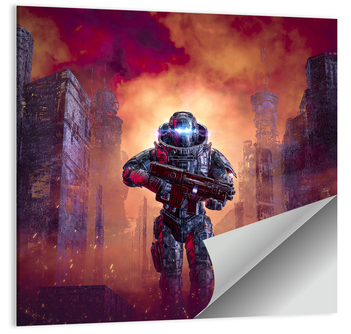 Glowing Visor Cyberpunk Soldier Wall Art as a poster print