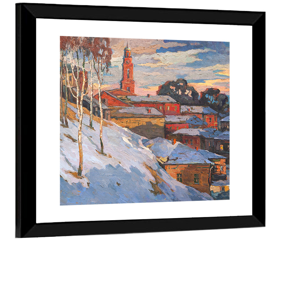 Snowy Village with Church Tower Wall Art