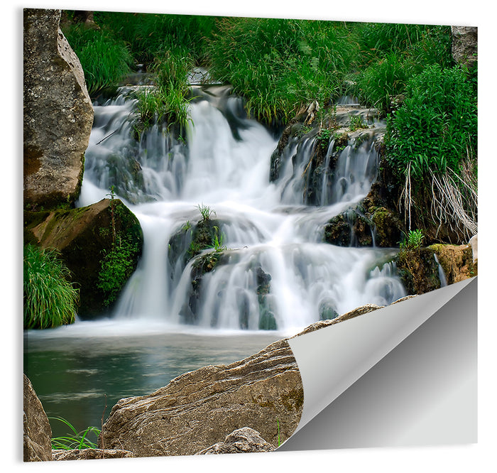 Moss Covered Rocky Waterfall Wall Art as a poster print
