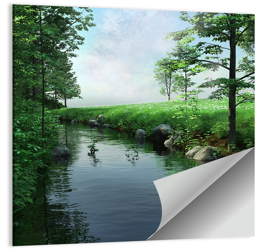 Tranquil Meadow Stream with Wildflowers Wall Art