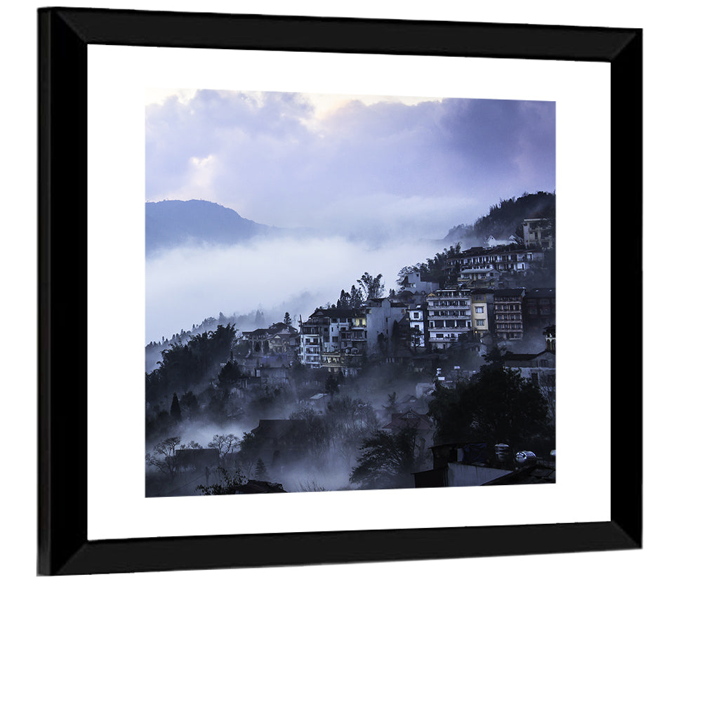 Misty Hillside Town Wall Art