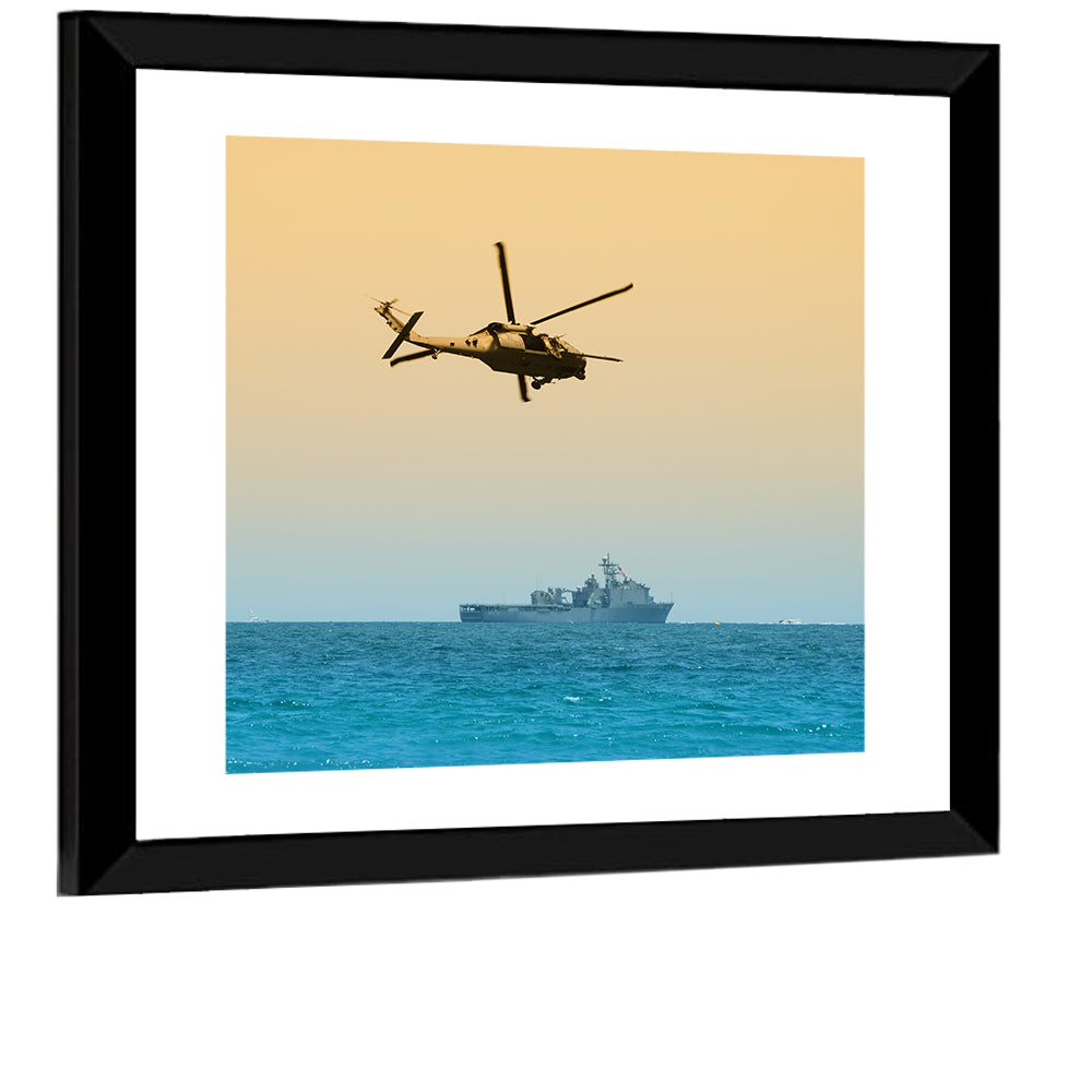 Helicopter Over Warship at Sea Wall Art