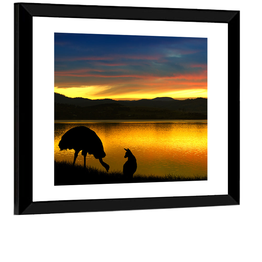 Kangaroo and Emu at Lake Sunset Wall Art