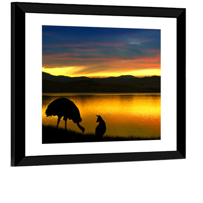 Kangaroo and Emu at Lake Sunset Wall Art