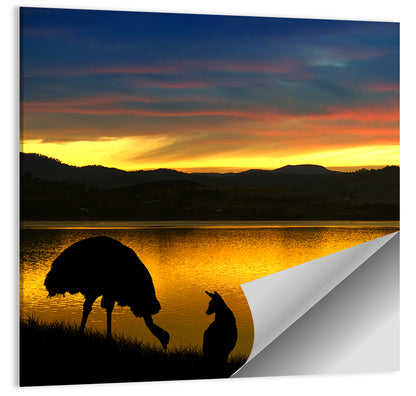 Kangaroo and Emu at Lake Sunset Wall Art