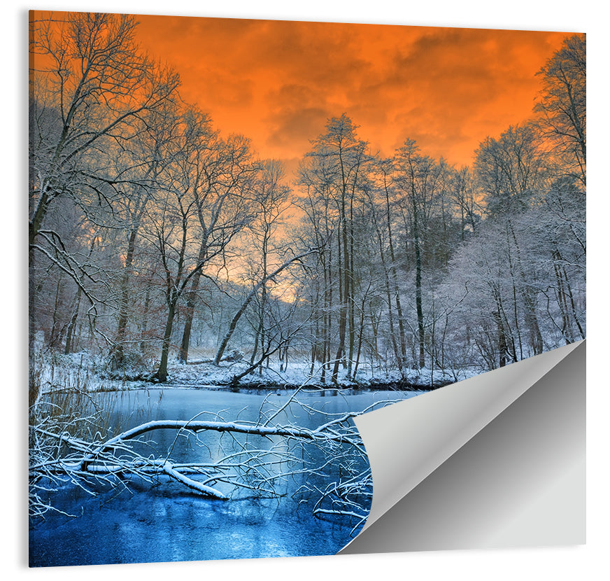Sunset Over Winter Forest Lake Wall Art
