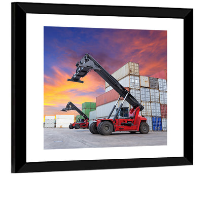 Red Reach Stackers at Sunset Wall Art
