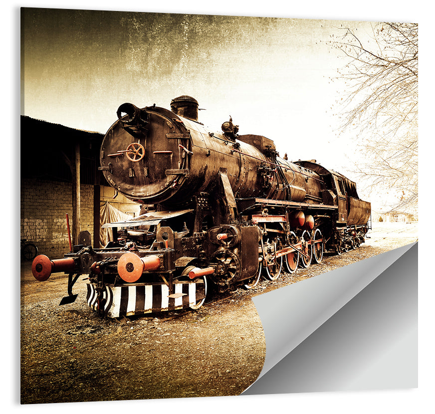 Sepia Steam Locomotive on Rusted Tracks Wall Art