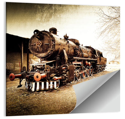 Sepia Steam Locomotive on Rusted Tracks Wall Art