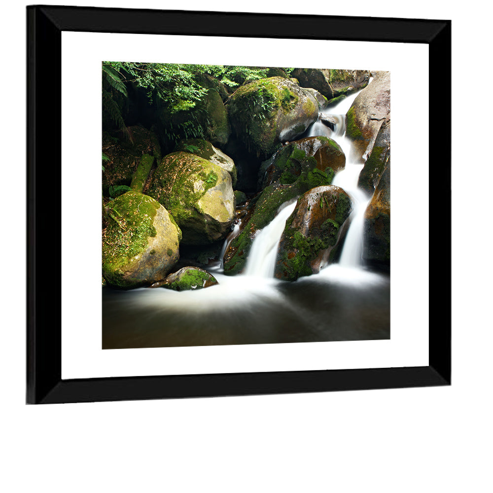 Rainforest Waterfall with Moss Covered Boulders Wall Art