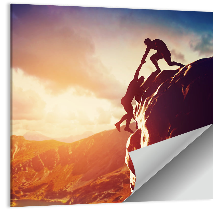 Two Hikers Summit Assist at Sunset Wall Art