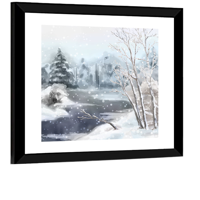 Snowy Stream in Winter Forest Wall Art as a framed print