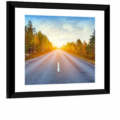 Sunlit Autumn Forest Road Wall Art
