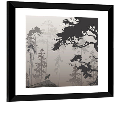 Howling Wolf in Misty Forest Wall Art