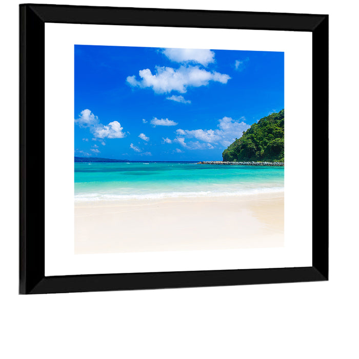 Turquoise Tropical Beach Scene Wall Art as a framed print