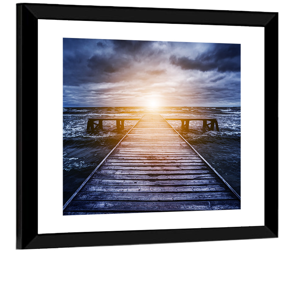 Sunlit Wooden Jetty at Dusk Wall Art