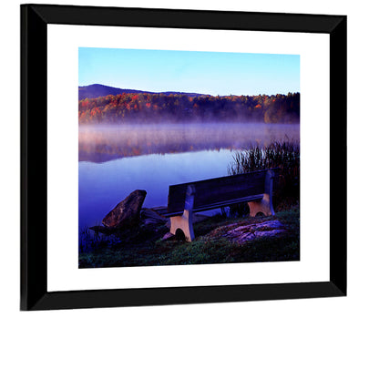 Bench at Misty Lake Sunrise Wall Art