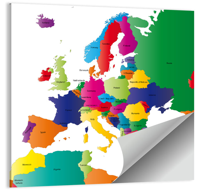 Modern Coloured Map of Europe Wall Art as a poster print