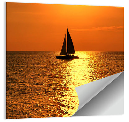 Sailboat Silhouette at Golden Sunset Wall Art