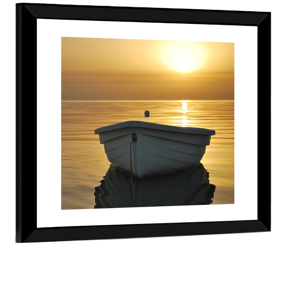 White Rowboat on Golden Sea Wall Art