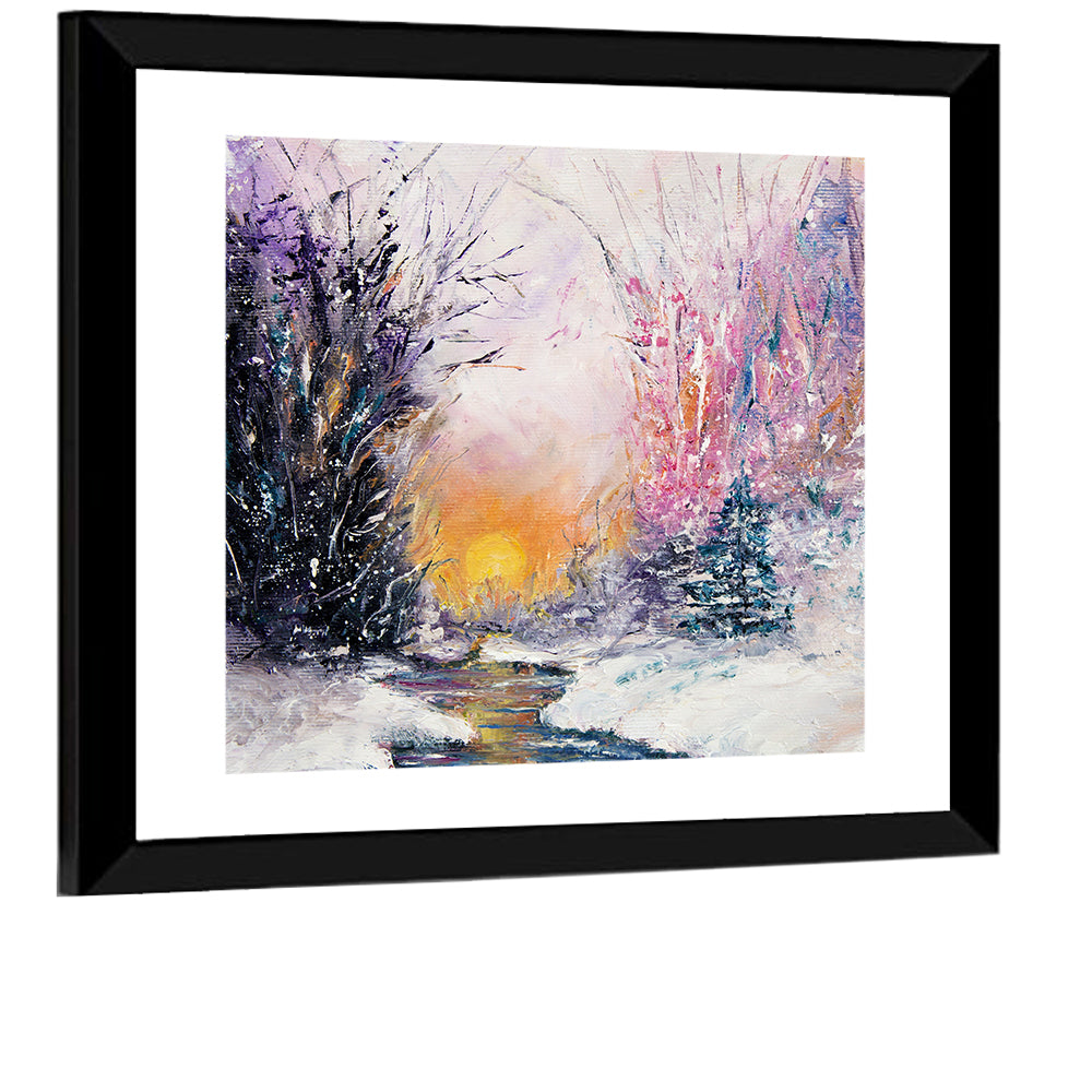 Golden Sunset Winter Stream Wall Art