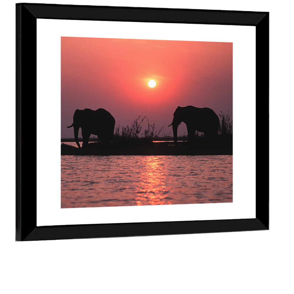 Elephants at Sunset Silhouette Wall Art