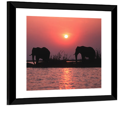 Elephants at Sunset Silhouette Wall Art