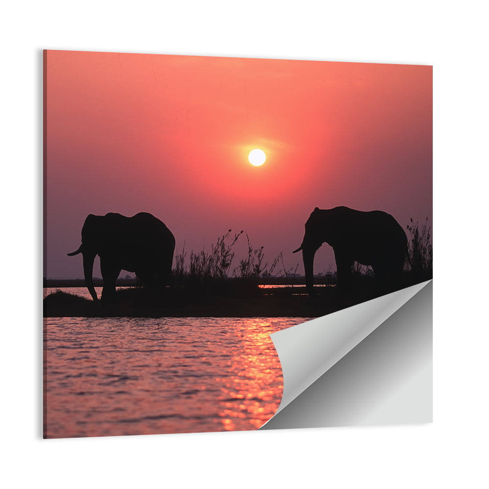 Elephants at Sunset Silhouette Wall Art