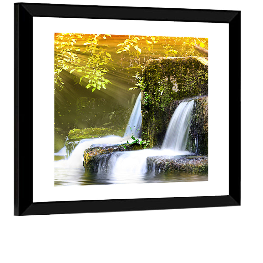 Sunlit Forest Waterfall Wall Art