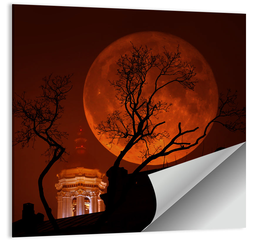 Haunted Supermoon Over Church Spire Wall Art