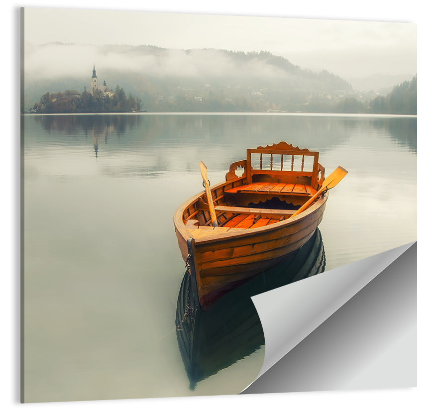 Wooden Boat on Misty Lake Bled Wall Art