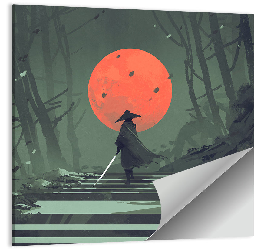 Samurai Under Red Moon Wall Art