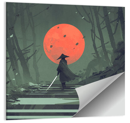 Samurai Under Red Moon Wall Art