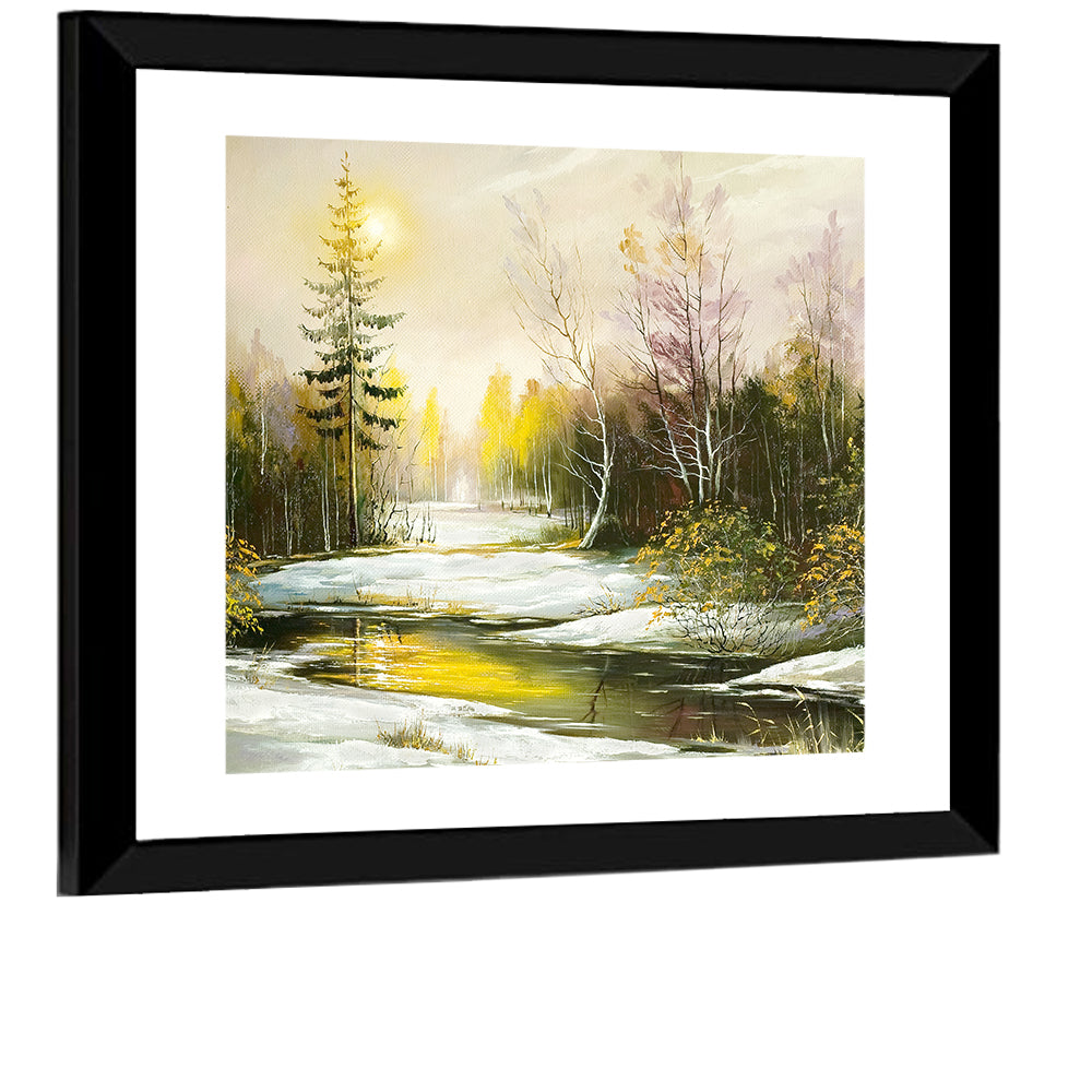 Sunlit Winter River Landscape Wall Art