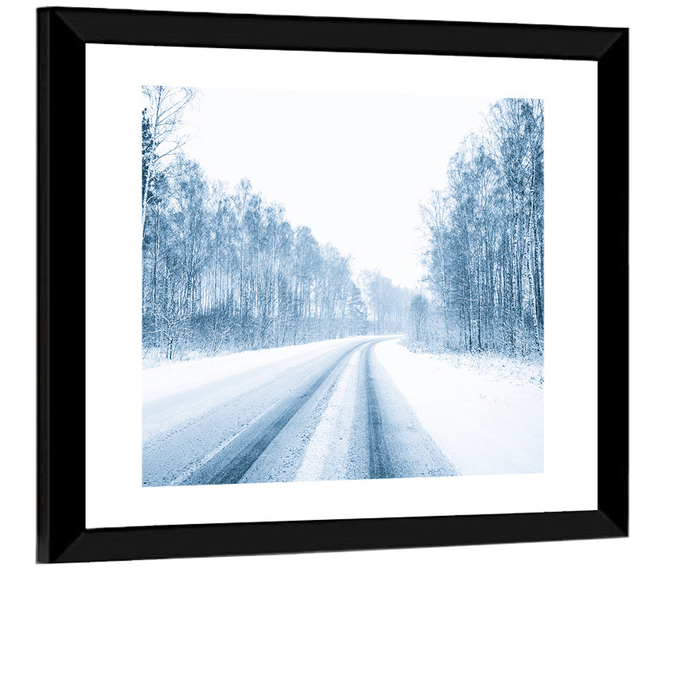 Tire Tracks on Snowy Road Wall Art