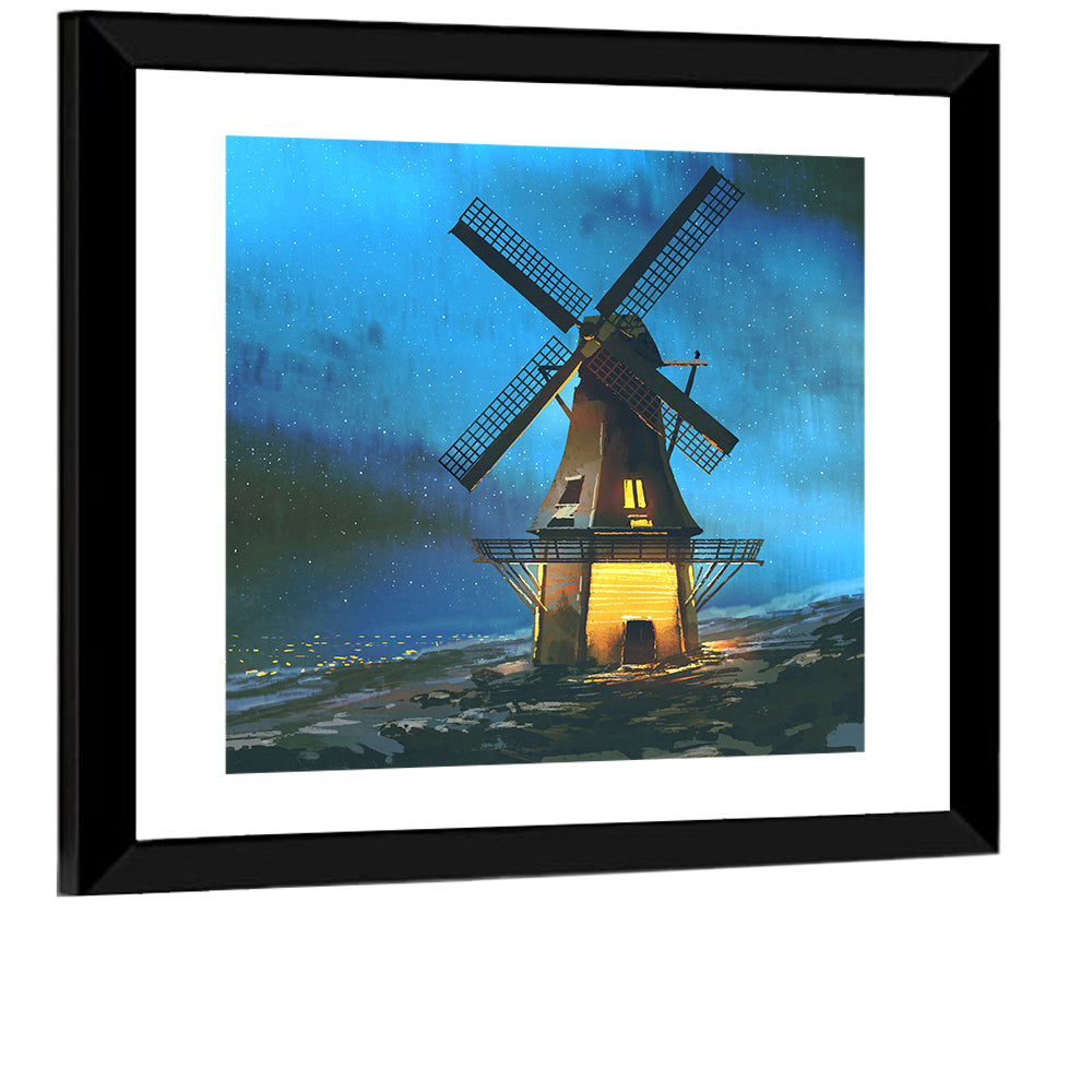 Seaside Windmill at Night Wall Art