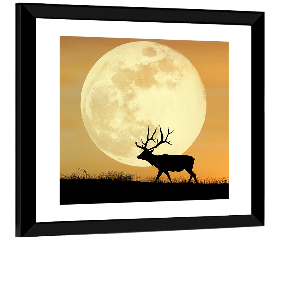Bull Elk Silhouette Under Supermoon Wall Art