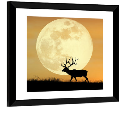 Bull Elk Silhouette Under Supermoon Wall Art