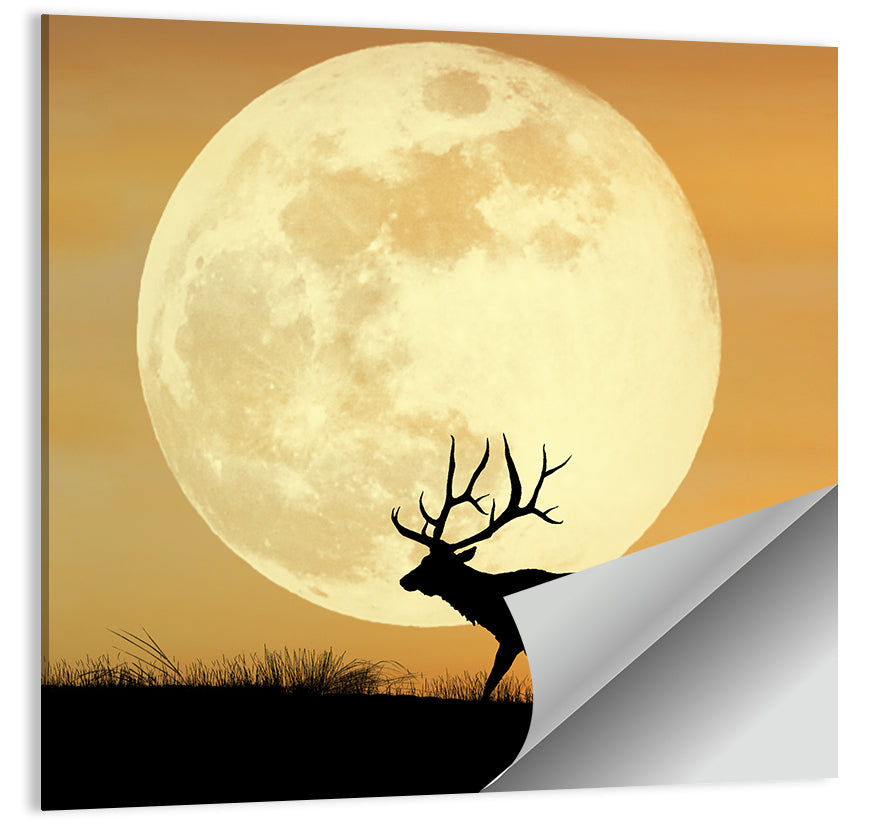 Bull Elk Silhouette Under Supermoon Wall Art