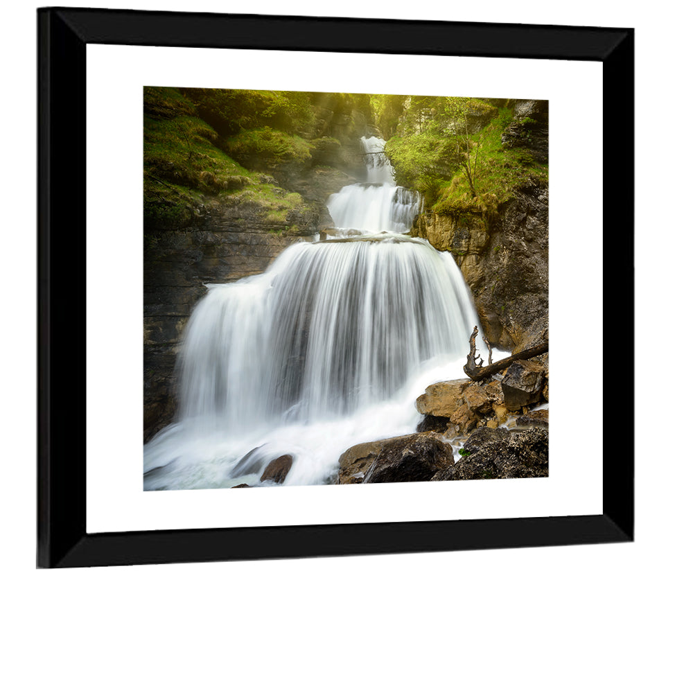 White Cascade Over Mossy Rocks Wall Art