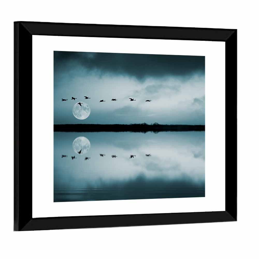 Moonlit Flock Over Lake Wall Art