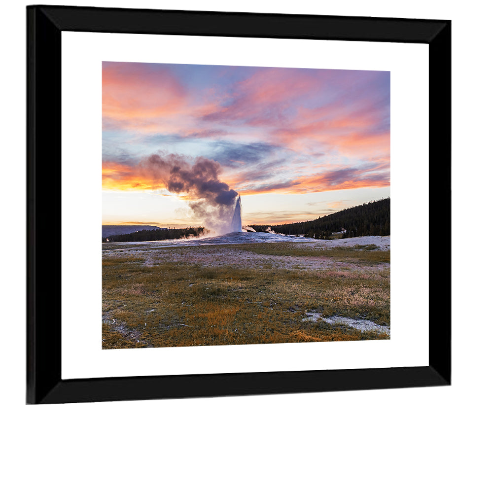 Old Faithful Erupting at Sunset Wall Art
