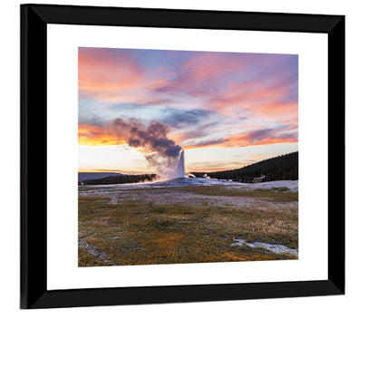 Old Faithful Erupting at Sunset Wall Art