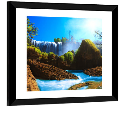 Sunlit Turquoise Waterfall Wall Art