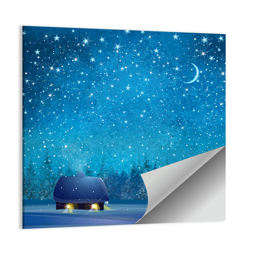 Winter Cottage Under Crescent Moon Wall Art